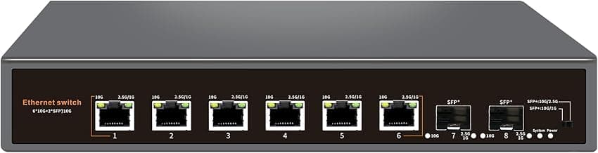 8-Port 10G Unmanaged Ethernet Switch, 6×10G Base-T & 2×10G SFP+ Uplink, 1000M/2.5G/5G/10G Compatible, Fanless Metal Plug & Play, Ideal for NAS, Home Network and Industrial Use