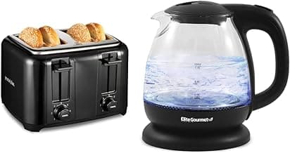Proctor Silex 4 Slice Toaster with Extra Wide Slots, Black (24215PS) & Elite Gourmet EKT1001 Electric BPA-Free Glass Kettle, Black, 1L