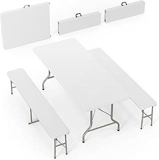 Bonnlo White Folding Picnic Table Set with 2 Benches, 6 Feet Camping Table Chair Set, Modern Portable 3-Piece Furniture for Indoor/Outdoor Use, White Folding Picnic Table with Smooth Tabletop
