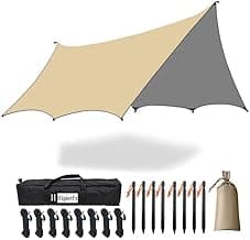 16x16 ft Large Camping Tarp Waterproof Hammock Rain Fly Camping Awning Sun Shelter Khaki (Without Pole) (Khaki)