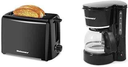 Elite Cuisine ECT1027B Cool Touch Toaster with 6 Temperature Settings & Extra Wide 1.25" Slots & EHC-5055 Automatic Brew & Drip Coffee Maker with Pause N Serve Reusable Filter, On/Off Switch
