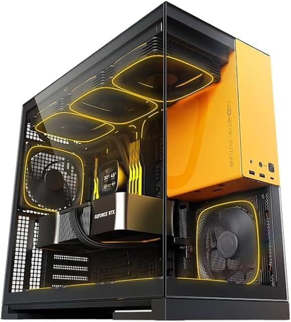 Geometric Future M5 Tempered Glass Mid Tower, E-ATX/ATX Gaming Case, 1.2mm Steel, Type C, Toolless Panels, Support 420/360 Radiator, ARGB PWM 140m Fan x 5 Pre-Installed, Black/Yellow, GEO-M5F-BY