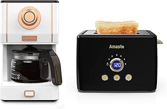 Amaste Retro Coffee Maker & Toaster Set- Elegant White with Rose Gold & Arabica Black
