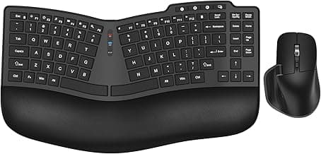 Ergonomic Wireless Keyboard Mouse, Wave Key Bluetooth/2.4G Split Design Ergo Keyboard Mouse Combo with Cushioned Palm Rest, Multi-Device, Rechargeable, for Multi-OS, Windows/Mac/Android