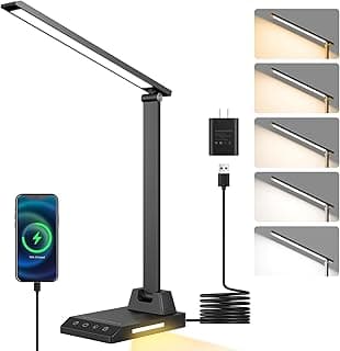 ShineTech LED Desk Lamp with USB-C Charging Port, Dimmable Desk Lamp for Home Office, Eye-Caring Reading Lamp with 25 Lighting Modes, Small Desk Light for Bedroom Nightstand with Adapter