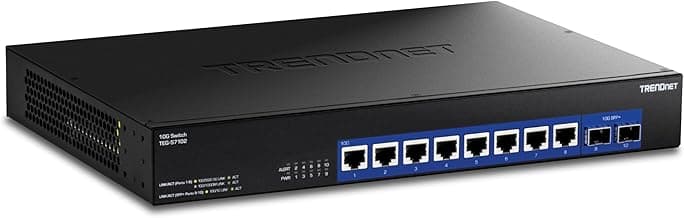 TRENDnet 10-Port 10G Unmanaged Switch, TEG-S7102, 8 x 10G RJ-45 Ports, 2 x 10G SFP+ Ports, 200Gbps Switching Capacity, Rackmount Design, Lifetime Protection, Black