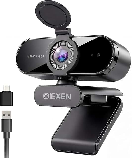 1080P Webcam with Microphone Noise Reduction, Auto Exposure, 90°FOV Wide Angle, Privacy Cover, USB-A to C Adapter, Plug & Play Streaming Camera for PC/Mac/Switch 2, Zoom/Teams/Skype/Meetings