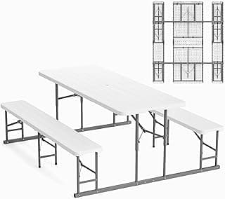 VINGLI Folding Picnic Table and Bench Set, Portable Outdoor Dining Furniture for Camping, Patio, Backyard, Wood Grain Plastic Top with Metal Frame (White)