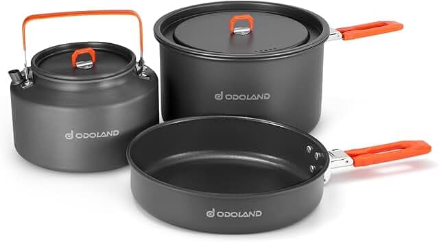 Odoland Outdoor Cookware Mess Kit - Portable Cooking Pot, Frypan With Kettle and Mesh Bag for Camping, Backpacking, Outdoor Cooking and Picnic