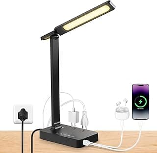 LED Desk Lamp with Power Strip: Table Lamp with Charging Station - 2 Outlets 1 USB-A Ports 1 Type-C Ports, Surge Protection, 5 Color Modes 5 Brightness for Home Office, College Dorm Room Essentials