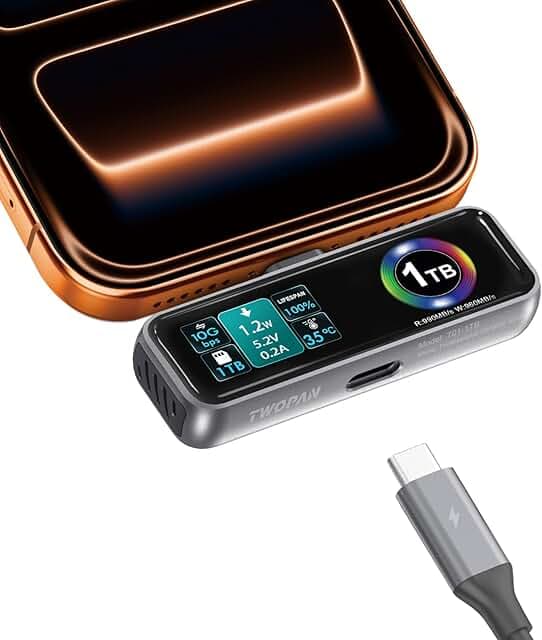 TWOPAN Magnetic Portable iPhone SSD for ProRes 4K 60fps Video, 1TB External Hard Drive Super Storage for iPhone 17/16/15 Pro/Pro Max, iMac/MacBook, LCD Display, USB-C PD 3.0 Port, Built-in Cooling Fan
