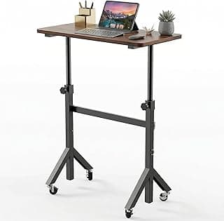 HUANUO 32'' Small Standing Desk with Wheels,28.7"-46.1" Heigh Adjustable Portable Rolling Desks,Mobile Stand Up Desk for Walking Pad and Treadmill,Sit to Stand Computer Workstation for Bedroom,Walnut