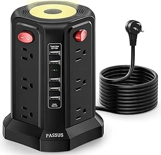 Surge Protector Power Strip Tower with 5 USB Ports and Night Light, 10FT Extension Cord with 12 AC Multiple Outlets, PASSUS Power Tower, Overload Protection for Home Office Dorm Room (Black)