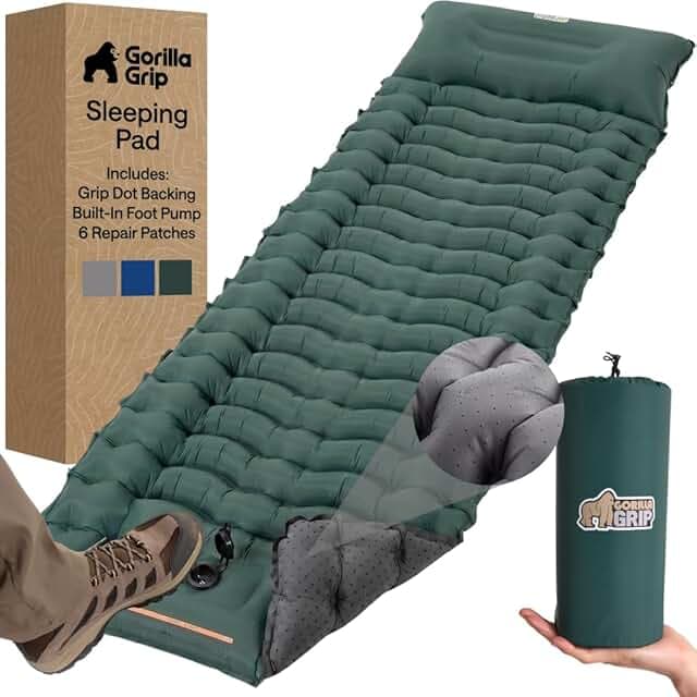 GORILLA GRIP Slip-Resistant Inflatable Sleeping Pad with Grip Dots, Foot Pump Puncture Resistant Lightweight Camping Mattress, Air Mats Travel Backpacking, Inflating Bed Camp Sleep Pads, Hunter Green