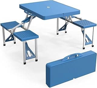 4Ft Folding Camping Picnic Table with 4 Chairs with Umbrella Hole Lightweight Suitcase Card Table-220 Lbs Support Aluminum Frame, Plastic RV Tabletop for Outdoor, Party, Beach and Backyard