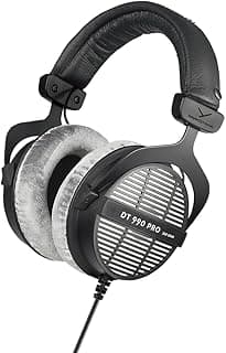 beyerdynamic DT 990 PRO, 250 Ohm, Open Back, Over Ear, Wired Headphones, 3m Coiled Cable, Black with Grey Velour Ear Pads