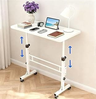 Small Standing Desk with Lockable Wheels, Mobile Portable Rolling Laptop Desk, Adjustable Height 27.5-43.3 Inch Sit Stand Computer Workstation for Home Office, White