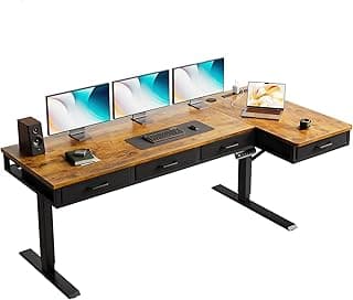 OffiGo 63 Inch L Shaped Electric Standing Desk with Drawers, Height Adjustable Large Desk with Power Outlets, Sit Stand Table, Writing Computer Desk for Home, Office, Workstation, Rustic Brown