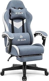 N-GEN GAMING Video Gaming Chair with Footrest Lumbar Support for Home Office High Back Recliner Height Adjustable Ergonomic Comfy Fabric Computer Desk Chair (Blue)