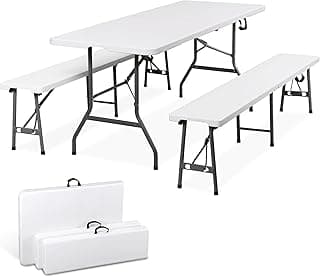 SUPER DEAL Folding Table Set with 2 Benches, 6 FT Camping Picnic Table Set, Outdoor Indoor Portable Furniture for Working Meeting Wedding Party w/Handle and Safety Lock, White