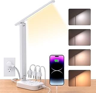 One Beat Small LED Desk Lamp Power Strip 5ft Extension Cord with 3 Outlets 4 USB Ports(2 USB C), 4 Modes, 5 Level Touch Lamp Study Reading Light, Home Office Bedroom College Dorm Room Essentials,White