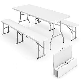 Outsunny 6FT 3-Piece Portable Picnic Table Bench Set, Folding Camping Table and Chairs with Carrying Handles for Indoor Outdoor Use, Camping, BBQ, Party, Event, White
