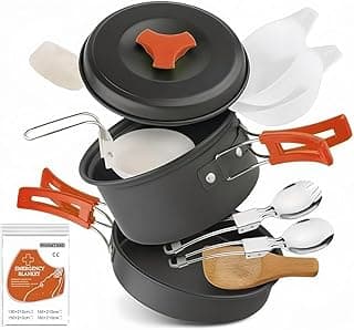 12 PCS Lightweight Camping Cookware Set – Non-Stick Pots, Pans & Utensils for Backpacking, Hiking & Outdoor Cooking – Compact Mess Kit for 2-3 People Give Away an Emergency Blanket as a Gift