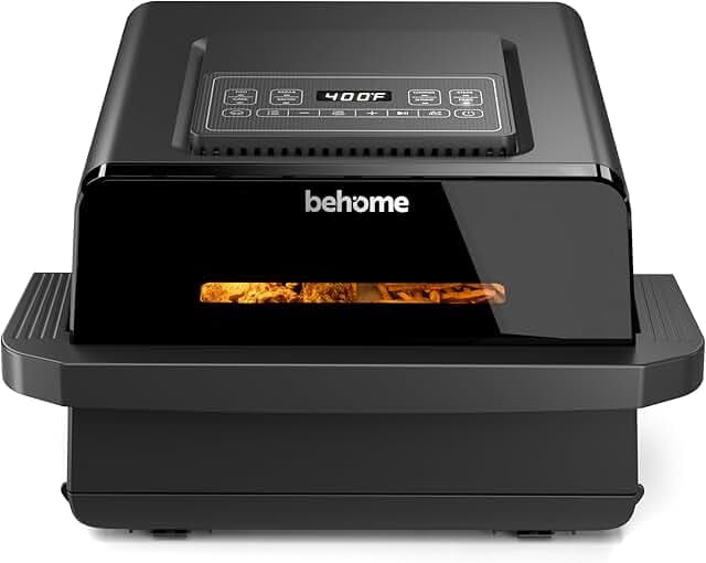 Behome Indoor Pizza Oven & Air Fryer, 6.5 QT Family Size with Pizza Stone, 9 Cooking Preset with Viewing Window &Light, 105°F-450°F Adjustable for Air Fry, Roast, Bake, Dehydrate, Fries, 1700W, Black