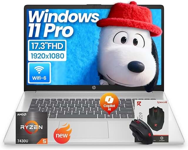 HP 17 inch laptops, AMD Ryzen 5 7430U(Beats i7-1165G7), 64GB RAM 2TB NVMe SSD Windows 11 Pro, 17.3" FHD IPS, Copilot AI, Numeric Keyboard, Type-c, Patented KB Kit