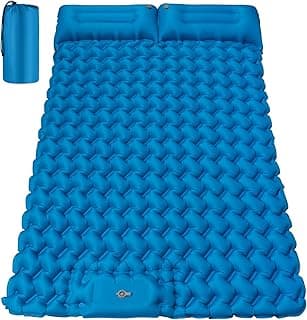 Double Camping Sleeping Pad, 4" Extra Thick 2 Person Inflatable Sleeping Pad with Built-in Foot Pump & Pillow, Self Inflating Camping Mattress for Tent, Backpacking, Hiking, Travel, RV（Blue）