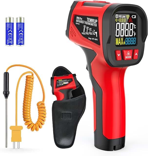 Infrared Thermometer Gun, Digital Laser Temperature Gun with Probe, -40°F~1472°F Non-Contact IR Thermometer with Adjustable Emissivity for Cooking, Pizza Oven, Griddle, Grill & Meat
