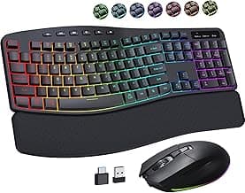 COLIKES Ergonomic Wireless Keyboard and Mouse Silent, Rechargeable Wave Keyboard with 15 Lighting RGB Backlit Effects, Soft Leather Wrist Rest, 3200 DPI Mouse for PC Computer Laptop Windows Mac