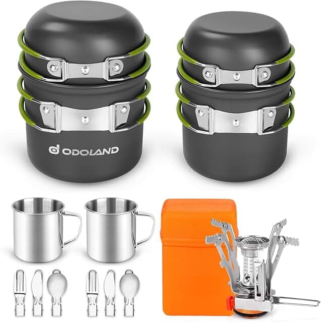 Odoland 16pcs Camping Cookware Mess Kit, Lightweight Pot Pan Mini Stove with 2 Cups, Fork Spoon Kits for Backpacking, Outdoor Camping Hiking and Picnic