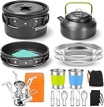 Odoland 16pcs Camping Cookware Set with Folding Camping Stove, Non-Stick Lightweight Pot Pan Kettle Set with Stainless Steel Cups Plates Forks Knives Spoons for Camping Backpacking Outdoor Picnic