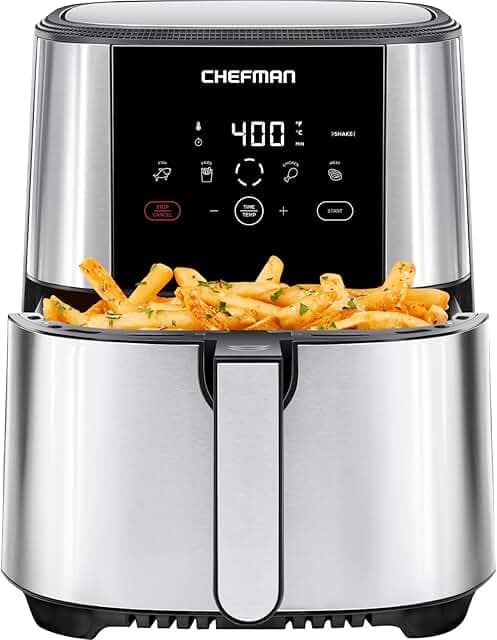 Chefman TurboFry Touch Air Fryer, Large 5-Quart Family Size, One Touch Digital Control Presets, French Fries, Chicken, Meat, Fish, Nonstick Dishwasher-Safe Parts, Automatic Shutoff, Stainless Steel