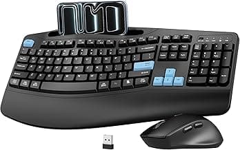 Wireless Keyboard and Mouse Combo, 2.4G Full Size Wave Keys Ergonomic Keyboard with Wrist Rest, Phone Holder, 3-Level DPI Wireless Silent Mouse with 6-Buttons, for Windows, Mac OS, Laptop (Blue Black)