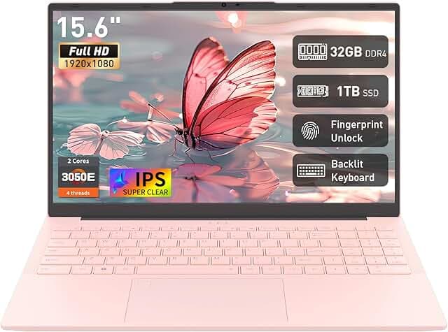 15.6" FHD Laptop, Athlon Silver 3050E Processor, 32GB DDR4 RAM, 1TB SSD, WiFi 5/ USB 3.0/ Type-C/HDMI, Win 11 Pro, IPS Thin and Light Computer Notebook for Work, Study and Entertainment, Pink