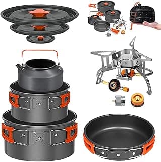 Camping Cookware Mess Kit Set with Stove - Backpacking Camping Pots and Pans Set, All in One Non-Stick Camping Cooking Set, Portable Stove, Hiking, Picnic, Outdoor & Camping Cookware Set