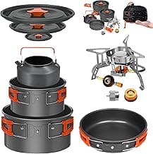 Camping Cookware Mess Kit Set with Stove - Backpacking Camping Pots and Pans Set, All in One Non-Stick Camping Cooking Set, Portable Stove, Hiking, Picnic, Outdoor & Camping Cookware Set