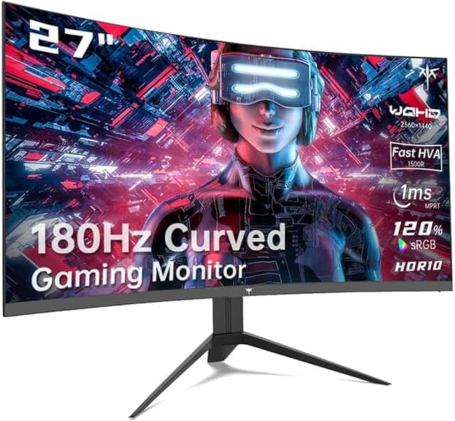 KTC 27 inch Gaming Monitor, 1440P Curved Monitor, 180Hz, 144Hz, 2K, 1500R, 1ms, FreeSync/G-Sync Compatible, DisplayPort/HDMI/USB, Ultrawide PC Vesa/Wall Mount Computer Monitor, H27S17