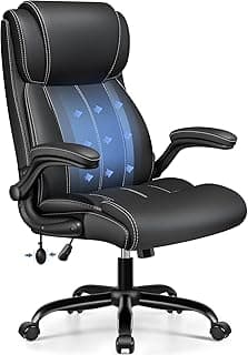 Ergonomic Office Chair - Desk Computer Chair, Leather High Back Executive Chairs with Adjustable Lumbar Support & Flip Up Arms, Rocking, Black
