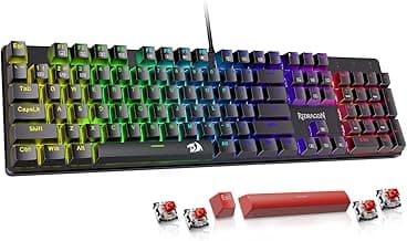 Redragon Mechanical Gaming Keyboard Wired, 11 Programmable Backlit Modes, Hot-Swappable Red Switch, Anti-Ghosting, Double-Shot PBT Keycaps, Light Up Keyboard for PC Mac