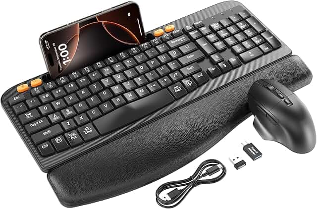 Wireless Keyboard and Mouse Combo, Ergonomic Wave Keys, Cushioned Palm Rest, Rechargeable, Phone Holder, Natural Typing, 2.4G Lag-Free, MA22 Plus Full Size Keyboards Set for Windows/Mac -SABLUTE