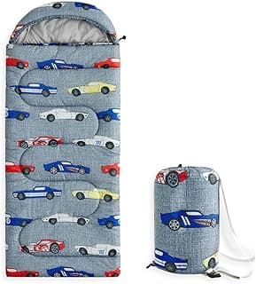 Wake In Cloud - Kids Sleeping Bag for Boys Toddlers, Camping in Warm Cold Weather, Backpacking Lightweight Compact Outdoor Liner for 3 Seasons, Race Cars Vehicles