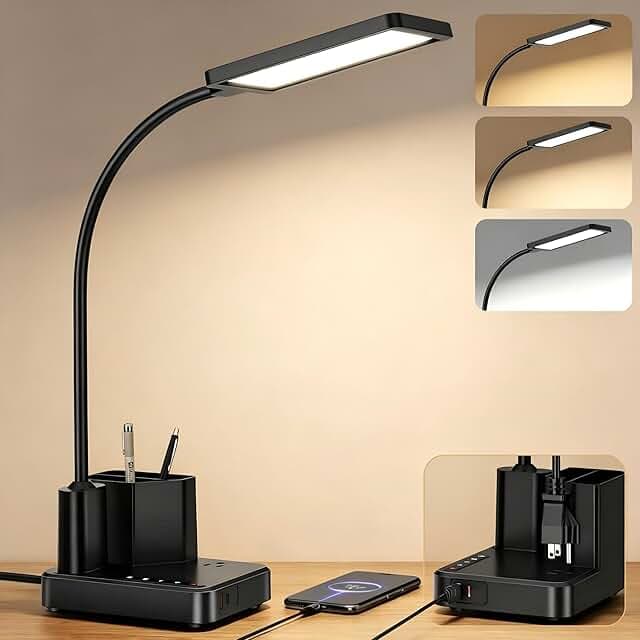 LED Desk Lamp with Charger, USB-C/USB-A & AC Outlet, Dimmable Desk Light & Table Lamp with Pen Holder, 3 Color Modes, Small Desk Lamp for Home Office, Bedroom, College Dorm Essentials,Reading,Crafts