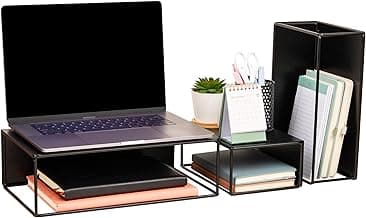 Mind Reader 3 Piece Metal Desktop Riser Set for Monitor, Laptop, and Office Organization, Set of 3, Black