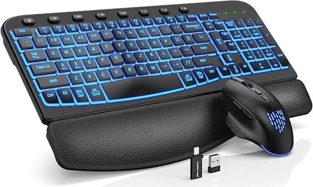 SABLUTE Ergonomic Wireless Keyboard and Mouse Combo - Wave Keyboard with Soft Leather Wrist Rest, Resistant Keys, RGB Backlit Rechargeable Set for PC/Mac/Chromebook (Black)