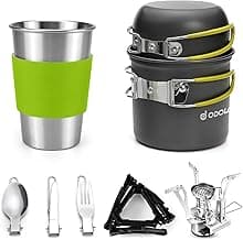 Odoland Camping Cookware Stove Carabiner Canister Stand Tripod and Stainless Steel Cup, Tank Bracket, Fork Spoon Kit for Backpacking, Outdoor Camping Hiking and Picnic
