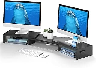 BONTEC Dual Monitor Stand for Desk, Adjustable Length and Angle Monitor Stand Riser with Smartphone Holder, Desk Shelf for Top of Desk, Computer Monitor Stand with Storage, Office Desk Organizer, Black