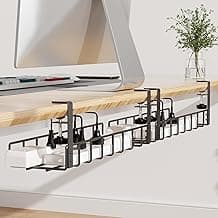 2 Pack Cable Management Under Desk Tray, 31.4" No Drill Under Desk Wire Management with Upgraded Clamp, Metal Cord Organizers for Desk with Cable Organizers, PC Cable Management Rack, Black